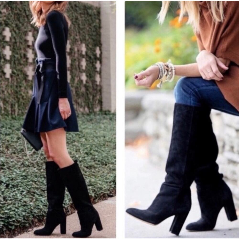 Sam Edelman Caprice Black Suede Knee-High Boots Tall Chunky Heels 10